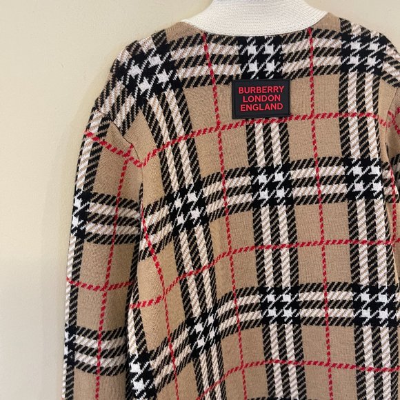 KIDS CHECK & LEOPARD MERINO WOOL JACQUARD CARDIGAN 7/8Y - Picture 7 of 10